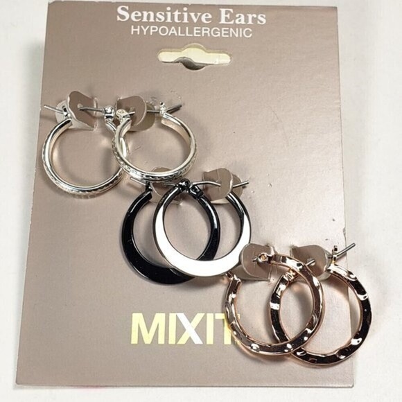 Hypoallergenic set of 3 Pairs of Hoop Earrings Set | Silver, Gold & Back color - Picture 1 of 6